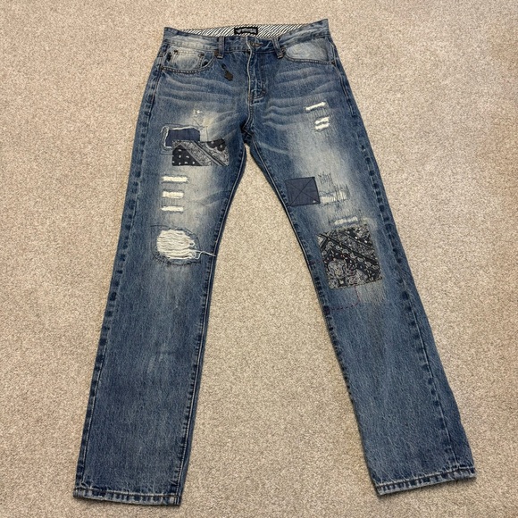 MOSTLY HEARD RARELY SEEN Distressed Mens Blue Jeans Blue Paisley Patchwork 32x32 - Picture 1 of 10